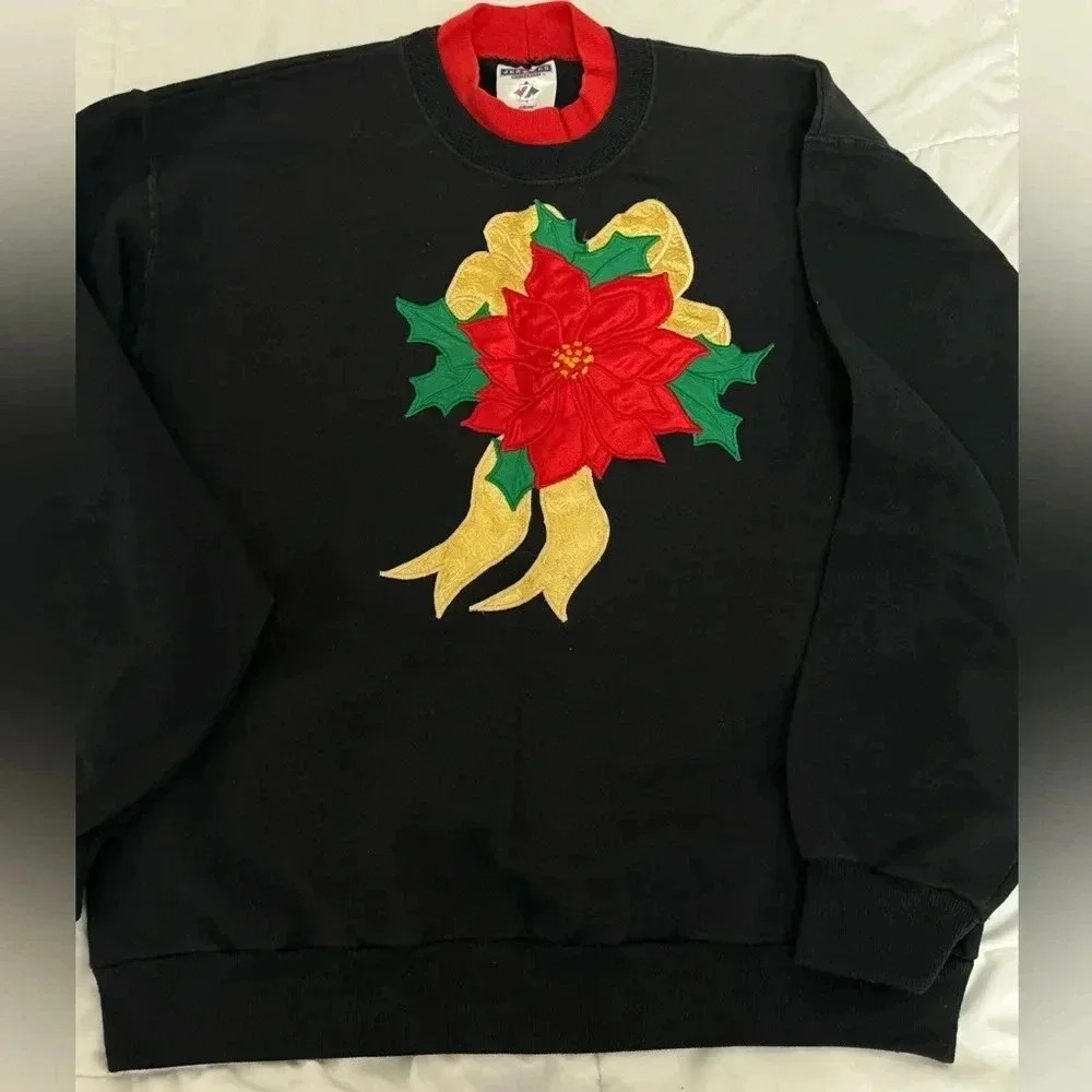 Vintage Grandma Ugly Christmas Sweater Holiday Poinsettia Sweatshirt 90’s